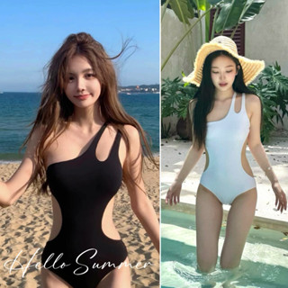 Hello Summer現貨快速出貨❤️韓國單肩超顯瘦挖腰連身泳衣女生泳衣性感鏤空泳衣2377 2378