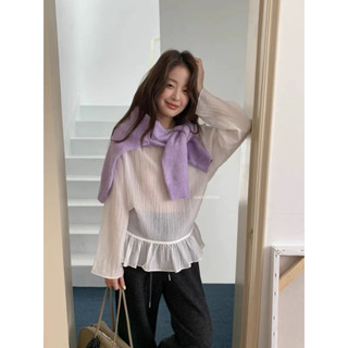 조세핀Josephine shop 조세핀春上新韓國選品IU荷葉邊繫帶收腰春季薄款微透內搭甜美小上衣