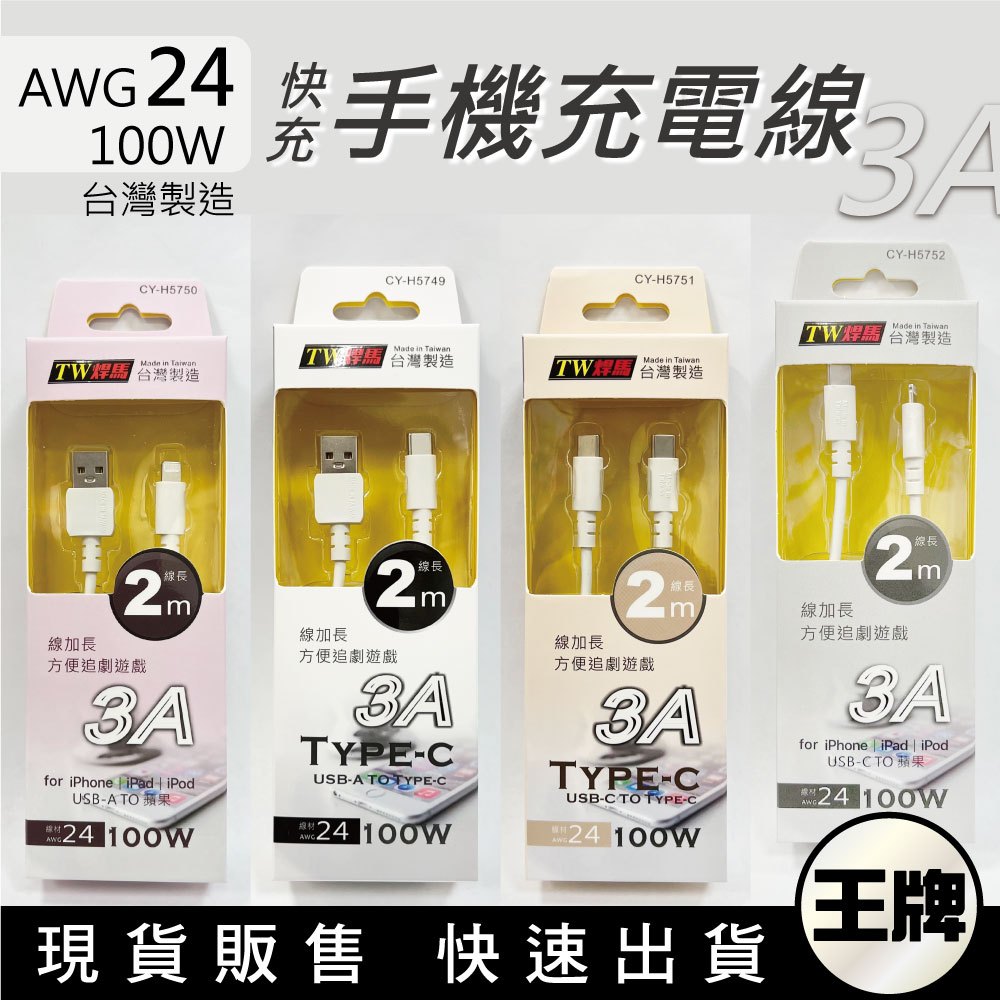 王牌｜TW焊馬 手機充電傳輸線 線加長2米 100W快充線 Iphone iPAD iPOD TYPE-C