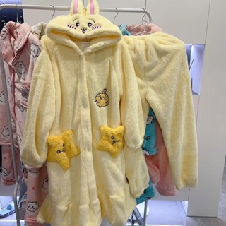 立體連帽舒服珊瑚絨耳朵連帽睡袍+睡褲睡衣居家服-卡通刺繡黃