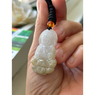 玉到愛，冰白加黃寶瓶觀音翡翠項鍊，白黃雙色，配色難得，男戴觀音，已綁繩，完美無紋～保證緬甸玉A貨翡翠，項鍊、墜子