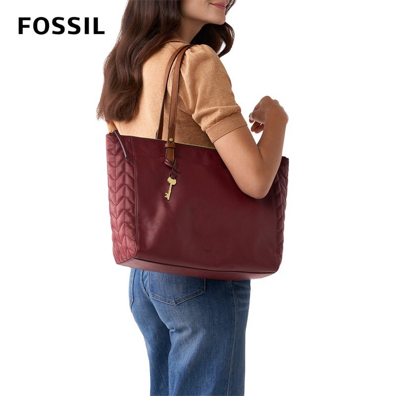 特價出清FOSSIL Rachel 真皮拉鍊托特包-酒紅色 ZB1652609