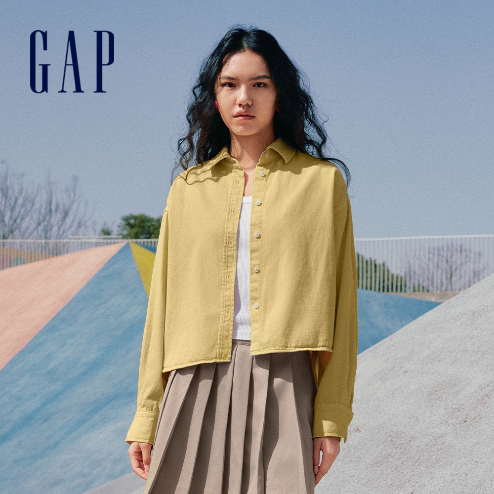 Gap 女裝 短版翻領長袖襯衫-黃色(740381)