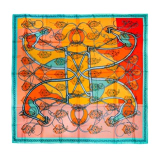 Hermes 喀什米爾混絲藤蔓圖騰披巾/大方巾-140(橘/綠)