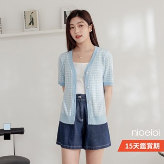 niceioi 涼感外套 外套 針織外套 藍色 [經典千鳥格珍珠狀色滾邊短袖針織外套] V領 女裝