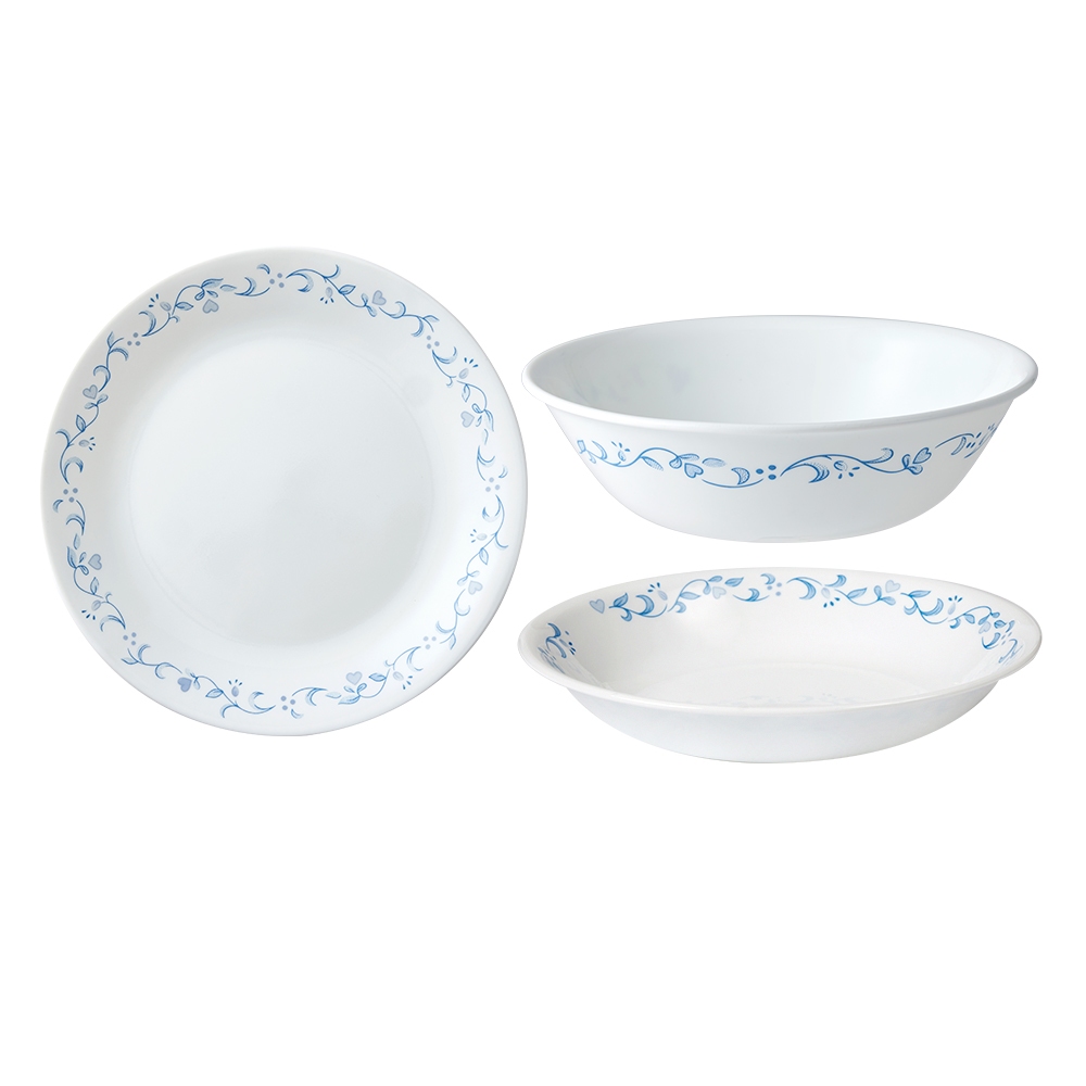【美國康寧 CORELLE】鄉野藍 3件式餐盤、湯碗組-C03