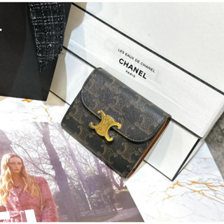 二手旗艦 CELINE 咖啡色 PVC 凱旋門金色LOGO 三摺 短夾 (中友店)
