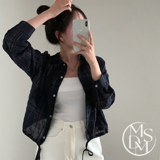 【MDMS】復古格紋襯衫 簡約寬鬆設計 韓版 日系 拼接設計 帥氣風 百搭 短版襯衫 翻領抽繩 長袖襯衫 S010