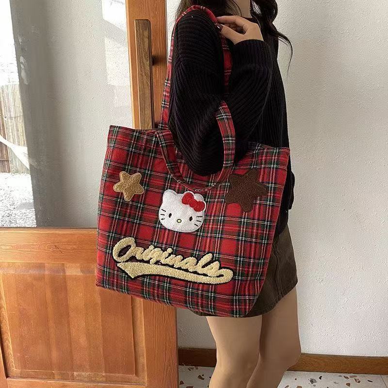 Kitty托特包🎀 百搭帆布包格子復古可愛背包 Kitty單肩包 Kitty側背包 Kitty手提包 Kitty帆布包