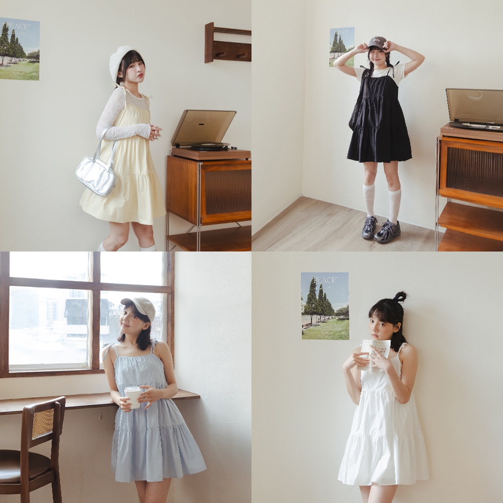 QUEENSHOP_ S 女裝 細肩蝴蝶結綁帶蛋糕短洋裝 四色售 現+預 【01087003】