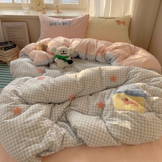 「chili」毛巾繡 格子 混搭 粉色 狗狗 親膚 簡約 床包 ikea風 單人 床包四件套 雙人 加大雙人 床包 雙人
