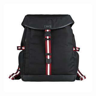 BALLY Code縫線皮標銀字LOGO紅白直條紋織帶設計尼龍邊飾牛皮釦式束口後揹包(黑)
