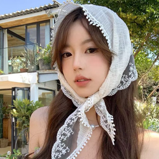 K24👉臺灣現貨👉白色蕾絲三角頭巾女夏季海邊田園風包頭三角巾法式拍照出片髮帶凹造型絲巾頭巾腰帶兩用配飾