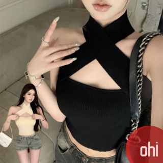 【ohi】交叉掛脖露肩純裕辣妹上衣 外穿收腰設計感 女生上衣 針織上衣 女裝 顯瘦上衣 韓版上衣 GWD3739