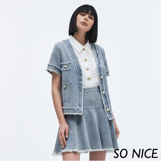 SO NICE【特惠】緹織牛仔抽鬚波浪短裙｜都會時尚女裝 【29333011】