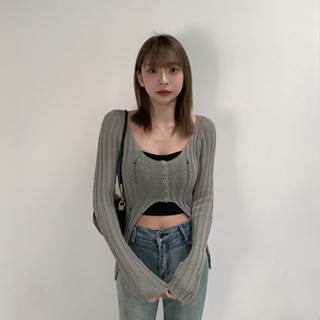 【Aa.chic熱賣商品】設計感刷破開衩長袖針織(三色).刷破/針織/直紋/前開衩/長袖/上衣/日常【C0318E69】