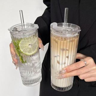 多金🎀韓系咖啡冰美式拿鐵玻璃杯冷水杯 吸管水杯 早餐杯子 大容量咖啡杯 玻璃杯帶蓋 水杯 吸管杯子 隨行杯 吸管玻璃杯