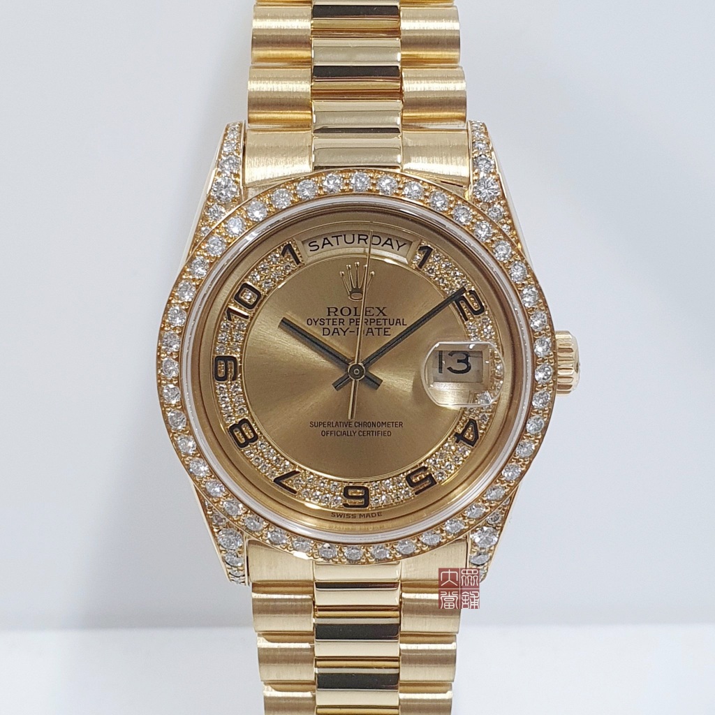 ROLEX 勞力士 18388 Day-Date 蠔式18K金 原廠鑽圈 原廠鑽腳 MA多層鑽面盤 大眾當舖B462