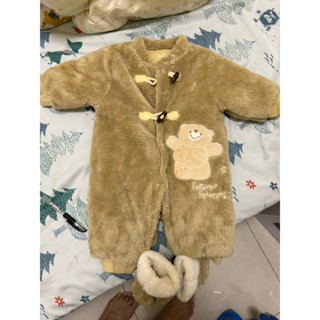 Hallmark 0-3m 保暖 絨毛 熊熊 連身衣 含熊帽子 含腳套 二手
