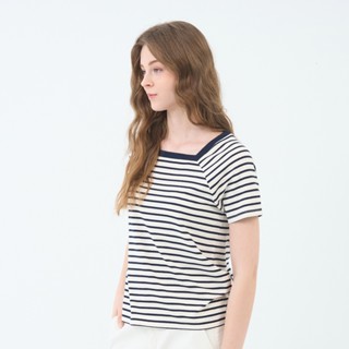 GIORDANO 女裝條紋方領短袖上衣 13325215
