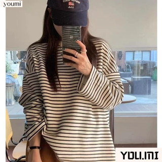臺灣出貨🚚韓版女秋季上衣寬鬆長袖圓領T恤條紋衛衣打底衫百搭長袖慵懶風