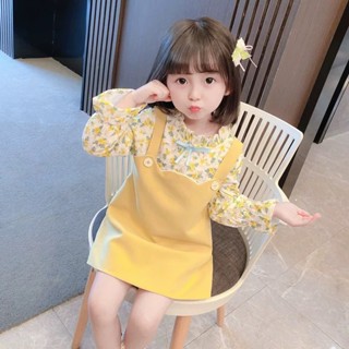 二手市集 衣服清倉-女寶 小黃花假2件長袖洋裝-100cm 進全新~