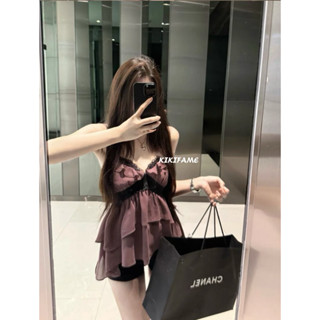【KIKIFAME】🖤高階純欲·紫色蕾絲拼接荷葉邊吊帶背心 蕾絲背心 無袖上衣 荷葉邊上衣 紫色上衣 雪紡衫 收腰上衣