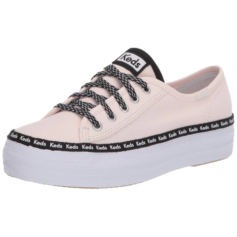 美國Keds TRIPLE KICK 經典LOGO黑白撞色厚底綁帶休閒鞋-粉紅色US8.5