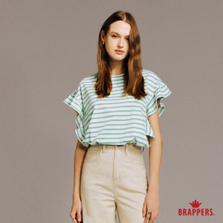 BRAPPERS 女款 條紋荷葉邊袖上衣-白底綠條