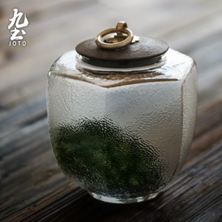 九土手工耐高溫玻璃茶葉罐日式錘紋木蓋茶倉儲物罐茶葉儲存罐家用功夫茶具密封儲存罐收納罐小號迷你儲豆罐茶罐CYGR0019