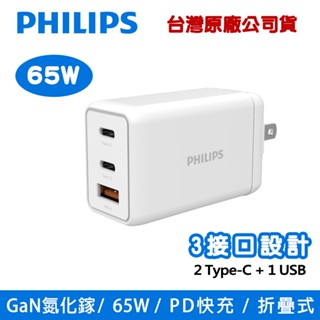PHILIPS 飛利浦 GaN氮化鎵 65W PD 3孔快充充電器 DLP6341C Type-C / USB/摺疊插頭