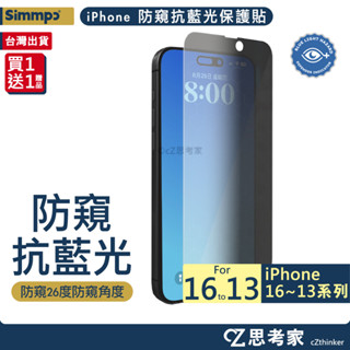 Simmpo 防窺抗藍光護眼保護貼 iPhone 16 15 14 13 Pro Max 螢幕貼 玻璃貼 臺灣舒視指標