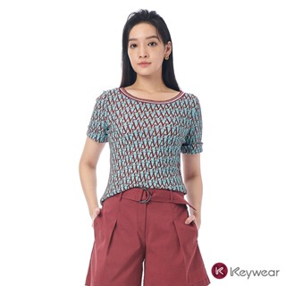 【KeyWear 奇威名品】深紅英文字圓領短袖上衣 淺藍色