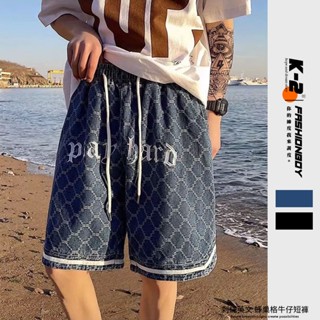 【K-2】美式復古 蜂巢網格 運動短褲 牛仔短褲 鬆緊抽繩 牛仔 短褲 刺繡英文 潮流短褲 英文 Y2K短褲【J719】
