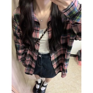 美式復古格子襯衫 襯衫女 防曬襯衫 翻領襯衫 設計感上衣 寬鬆襯衫 長袖襯衫 格子襯衫 休閒襯衫 粉色格子襯衫 夏季穿搭