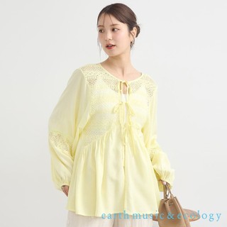 earth music&ecology 鏤空蕾絲拼接綁結長版縲縈襯衫(1K52L0A0300)