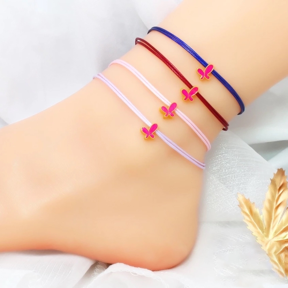 純金9999 0.05錢 蝴蝶編繩腳鍊 四色選  防水 可訂製彌月 黃金 迎鶴金品 F-