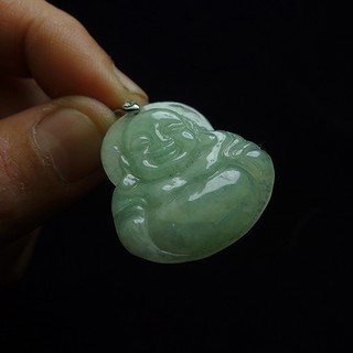 《A貨翡翠》緬甸玉水透淡綠飄花翡翠/精雕彌勒佛笑口常開/項鍊/玉墜子/18