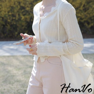 【HanVo】氣質蕾絲花邊針織衫 舒適甜美長袖針織上衣外套 韓國女裝 女生衣著 A02-1715