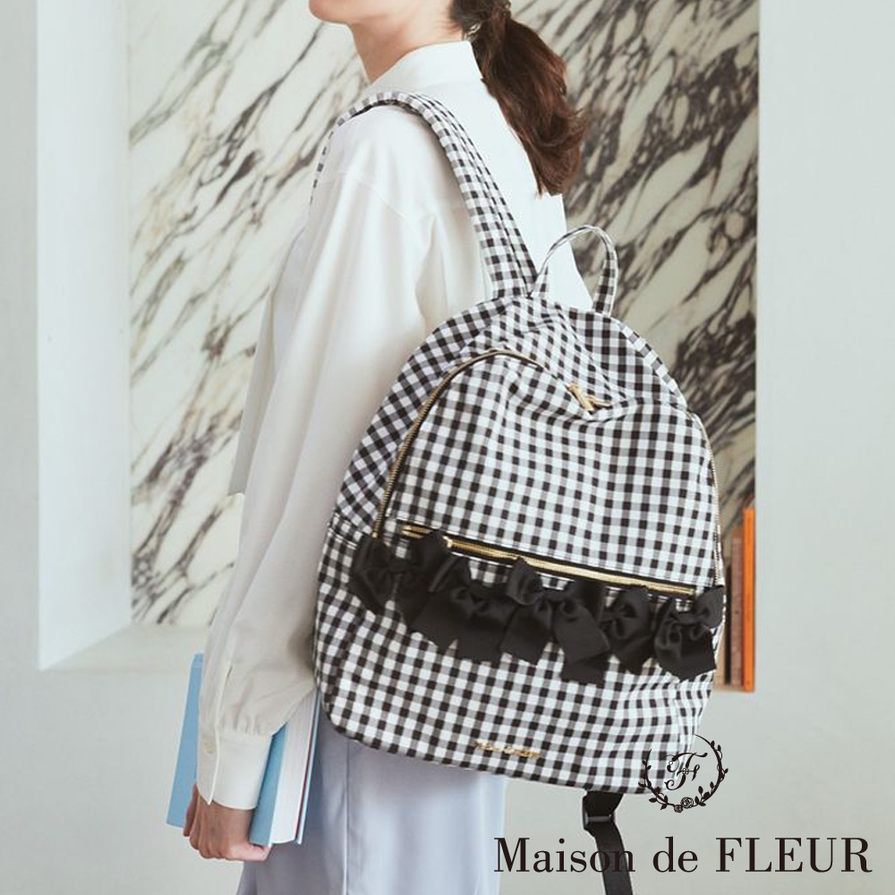 Maison de FLEUR 經典格紋蝴蝶結雙肩背包(08000274000)