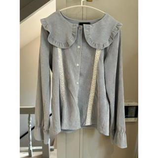 AJPEACE 翻領長袖上衣 荷葉領衣服 長袖上衣 淺藍色長袖蕾絲上衣