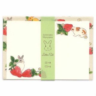 日本 插畫家 森山標子 兔子 信紙信封套組 - 草莓