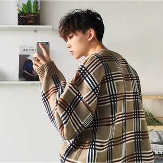 【Joybuy】韓國男裝格紋針織毛衣男生韓版長袖針織外套秋冬季寬鬆圓領打底衫上衣