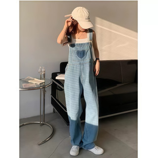 CHILL 現貨 韓系牛仔愛心吊帶牛仔褲 女生 牛仔背帶褲 小個子連衣褲子 寬鬆減齡 吊帶褲 預購