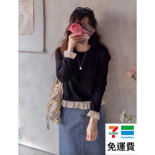 DREAM COLOR KR 一件免運 韓國代購 正韓女裝 優雅氛圍袖末下擺蕾絲設計舒適彈性上衣 0313