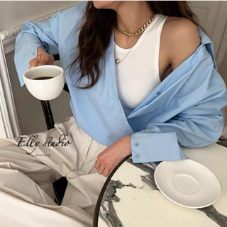 【Elly.Studio】❤️現貨❤️鬆弛感假兩件拼接襯衫(白/藍)時髦顯瘦寬鬆上衣