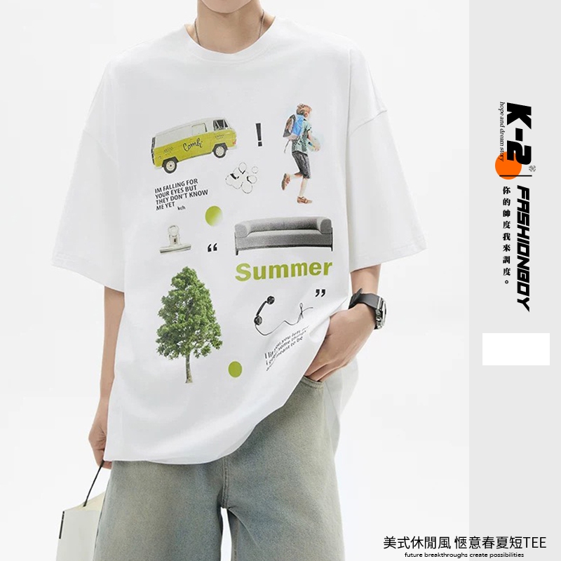 【K-2】美式休閒風 SUMMER 夏日 愜意 休閒短T 純棉 短袖 上衣 渡假風 BUS 復古 圖像 K2【KN20】