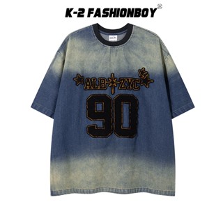 【k-2】albzyc 90 數字 牛仔 立體 貼布 設計 質感滿分 漸層 水洗 效果 短袖上衣 丹寧【j0038】