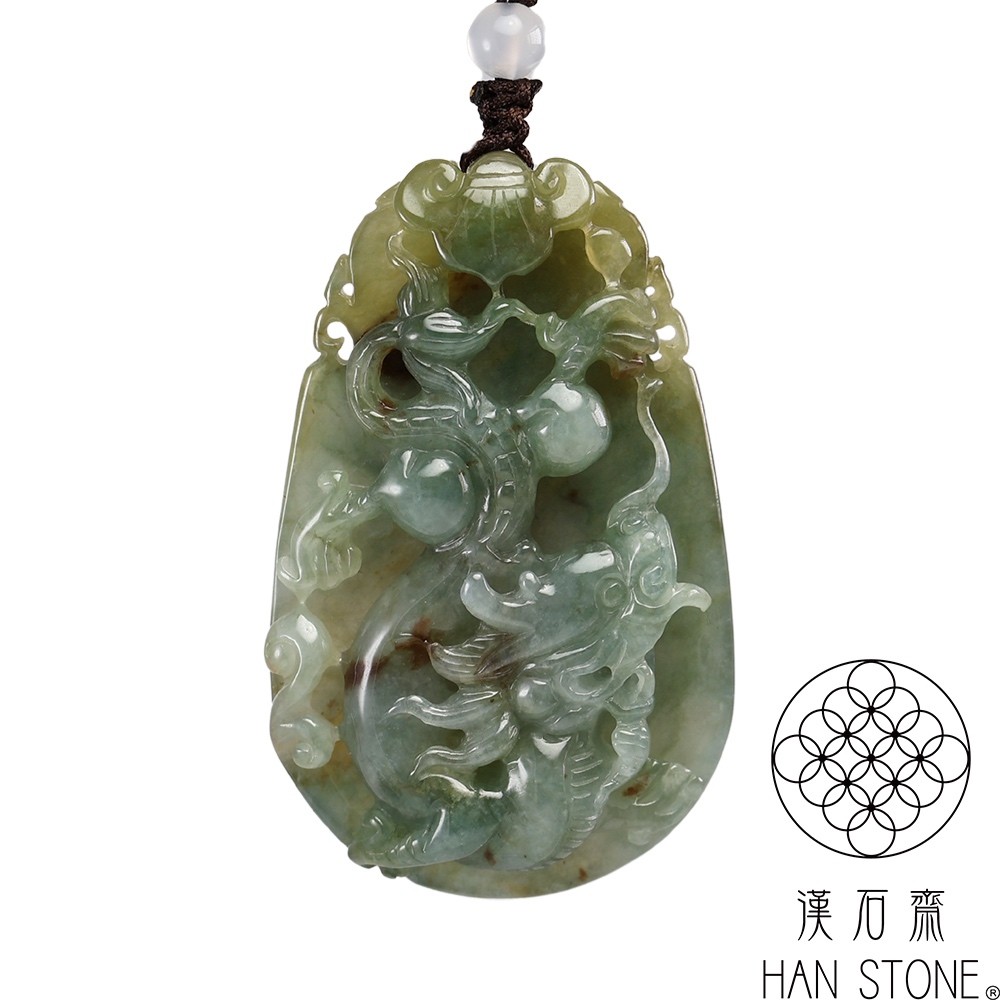 【漢石齋】天然翡翠A貨 護主龍牌玉佩吊墜 飄花種帶紅黃翡(37*60*10mm)