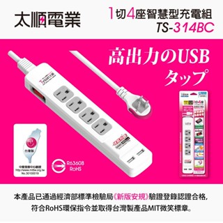 隔日配【太順】1開關4插座 6尺9尺 智慧型USB充電組拉環扁插 延長線 智慧型充電組 TS- 314BC